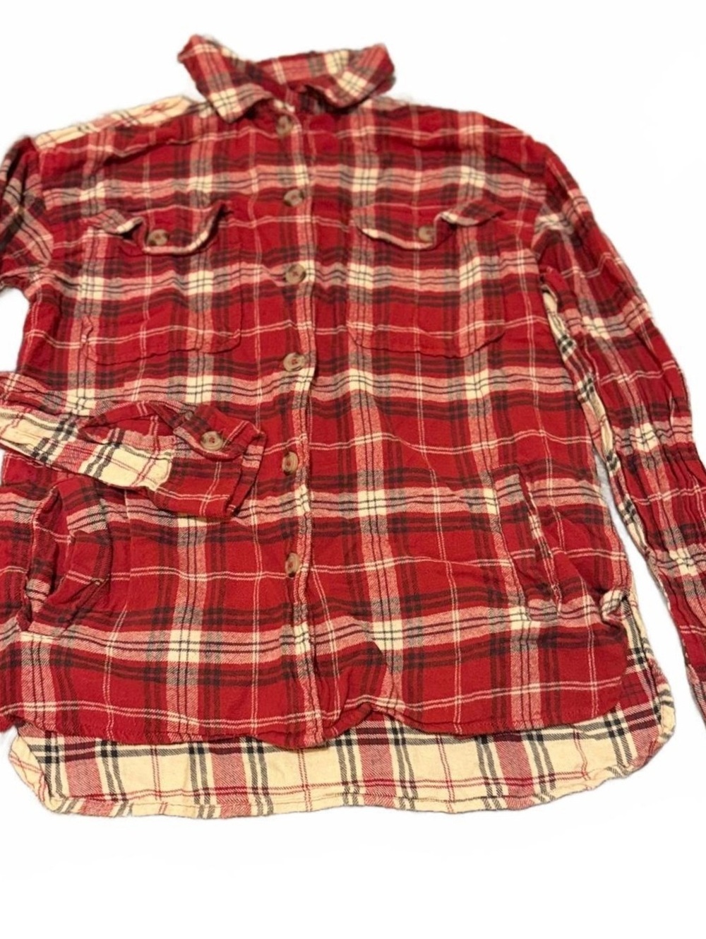 Japna Plaid Collection XS Red Cream Plaid Button Up Flannel Shirt Western